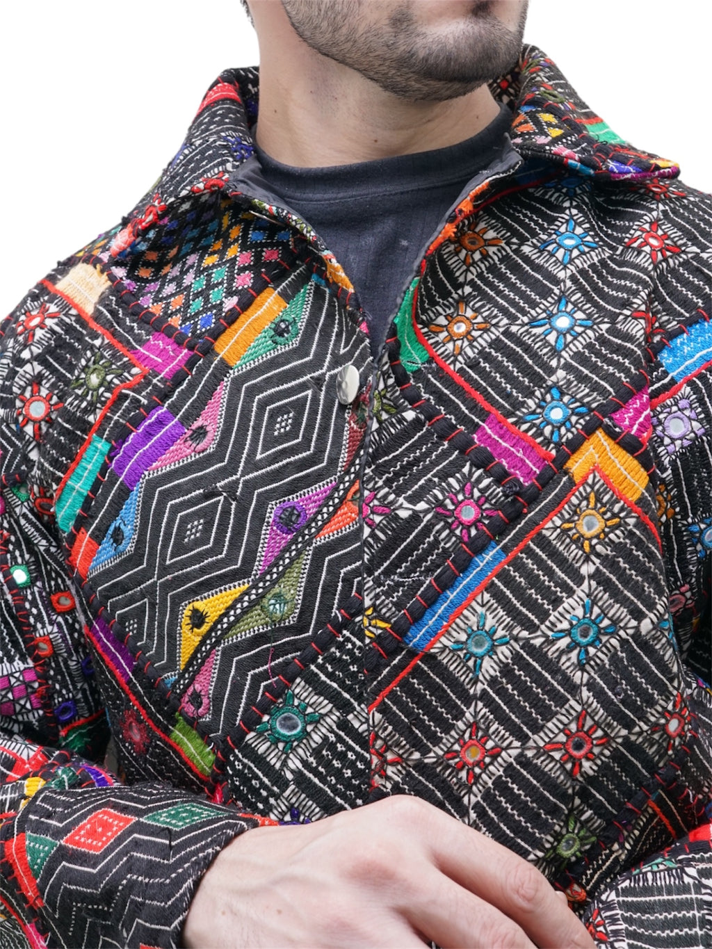 Close-up of handcrafted geometric pattern jacket