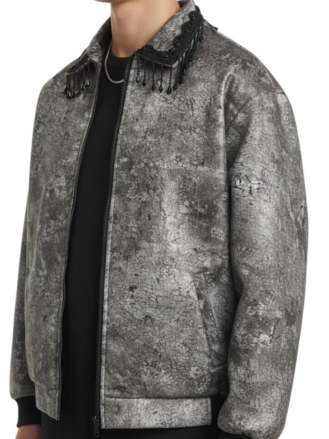 Gray textured jacket with decorative elements on a white background