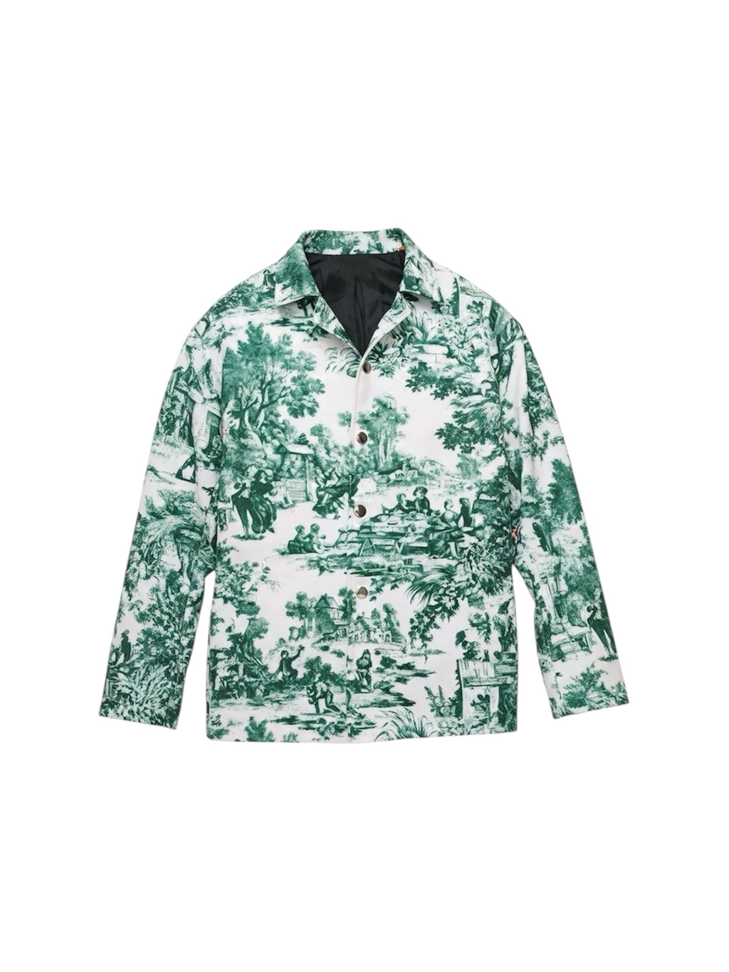 Green and white village patterned jacket front view