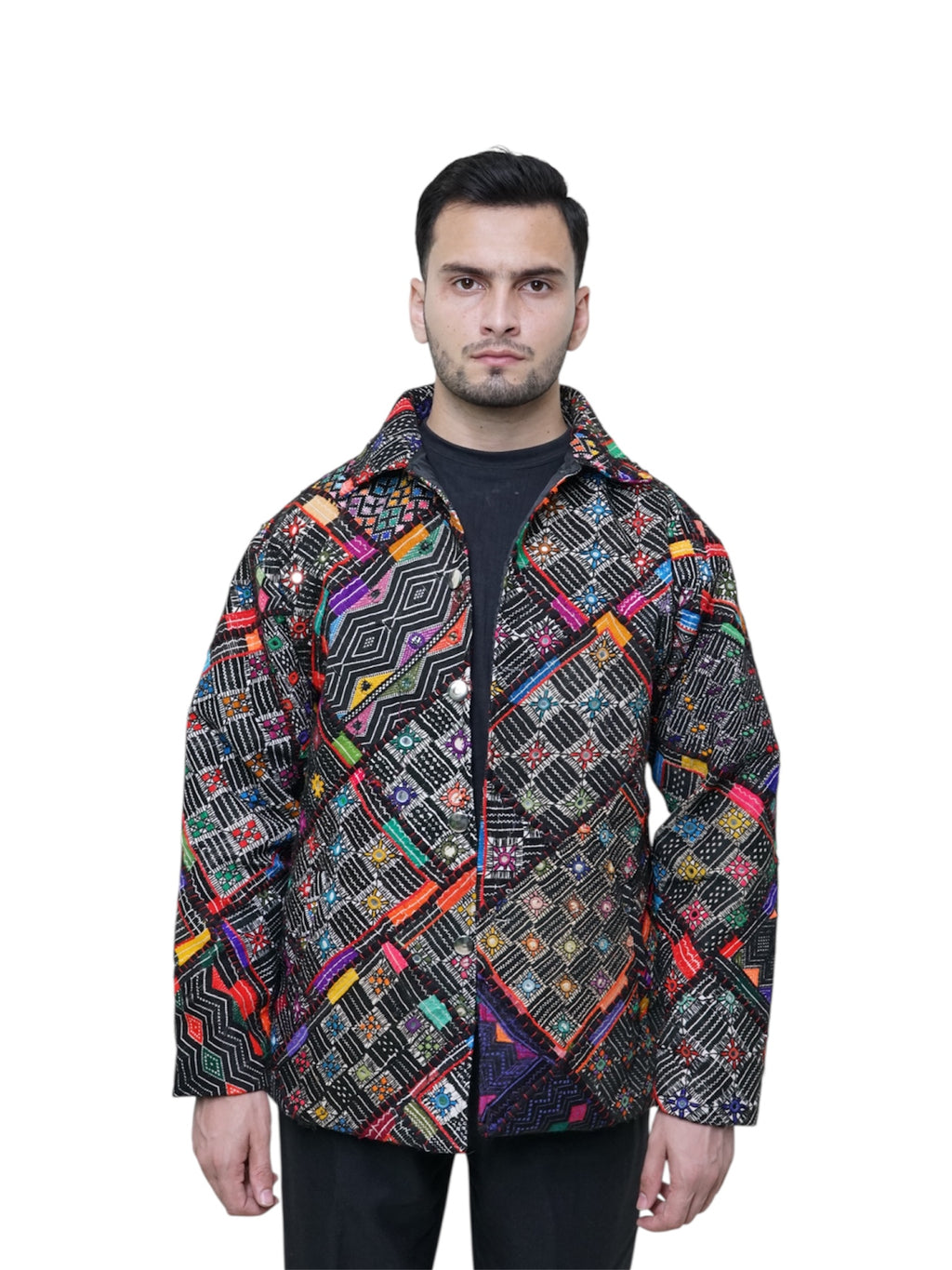 Man wearing Heritage Grid handcrafted jacket front view