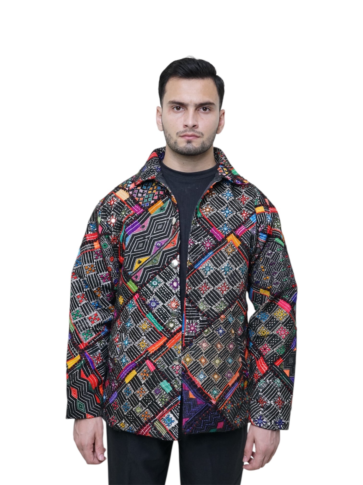 Man wearing Heritage Grid handcrafted jacket front view