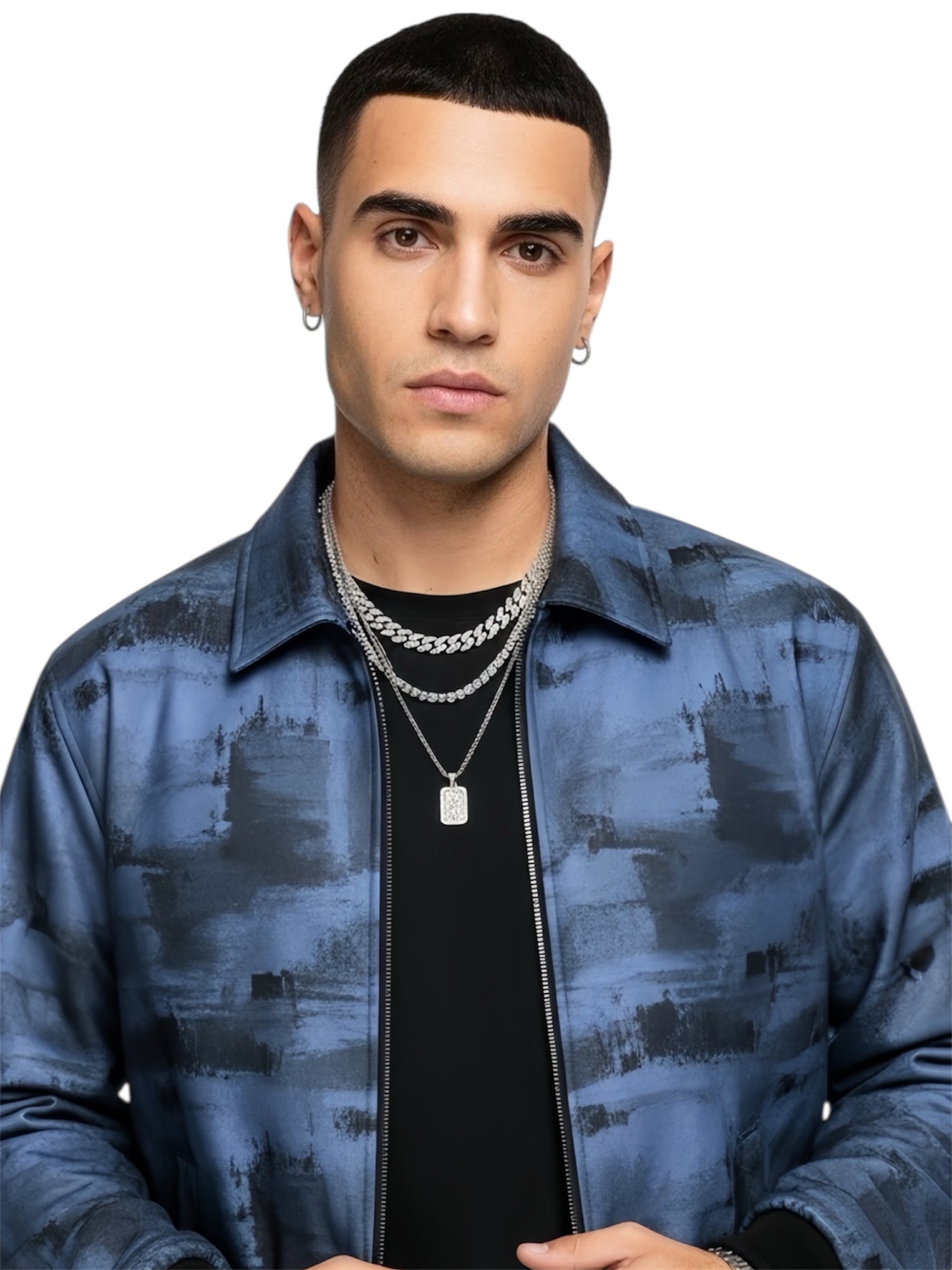 Man wearing a blue patterned jacket with a white background