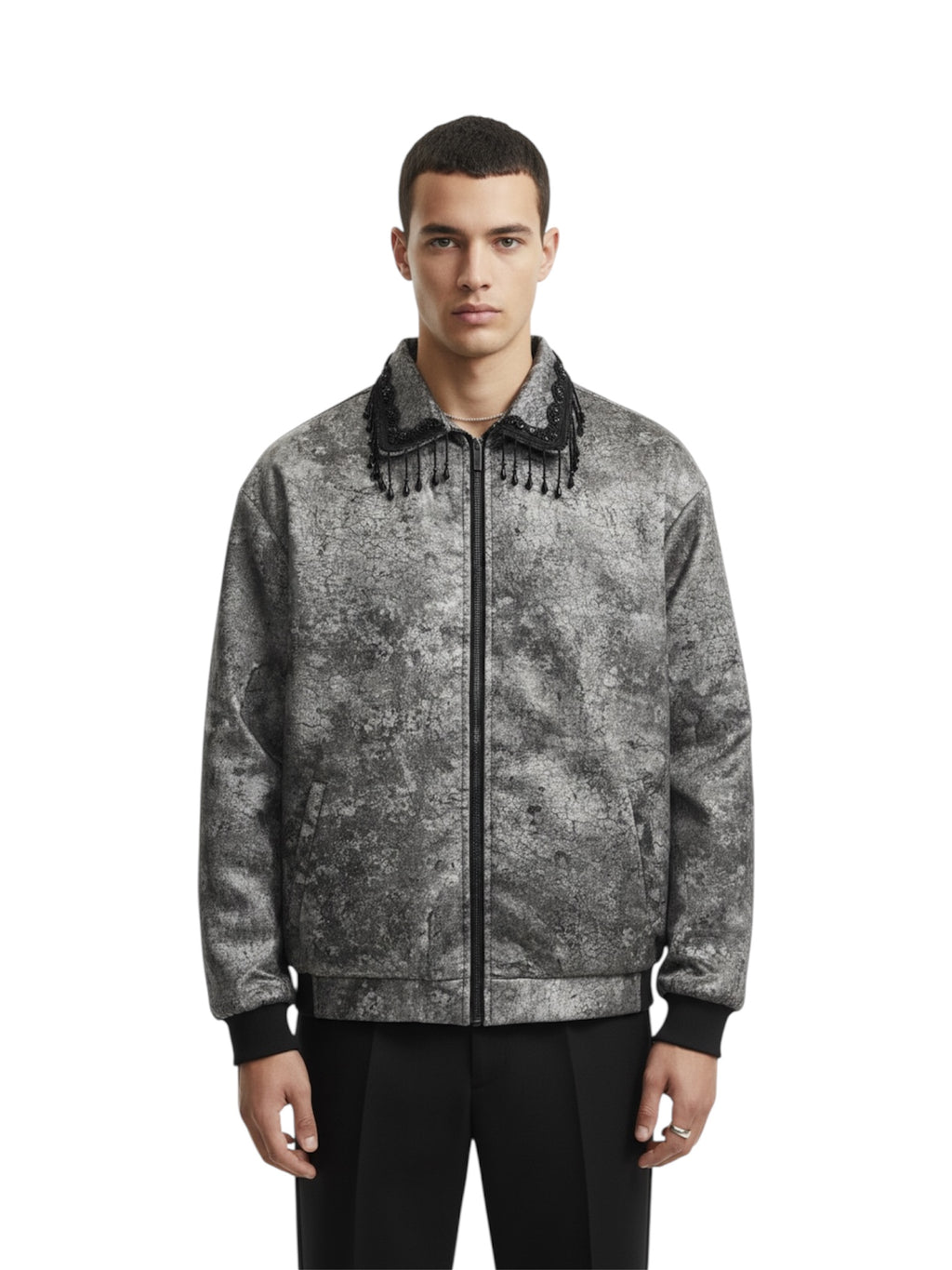 Man wearing a gray patterned jacket on a white background