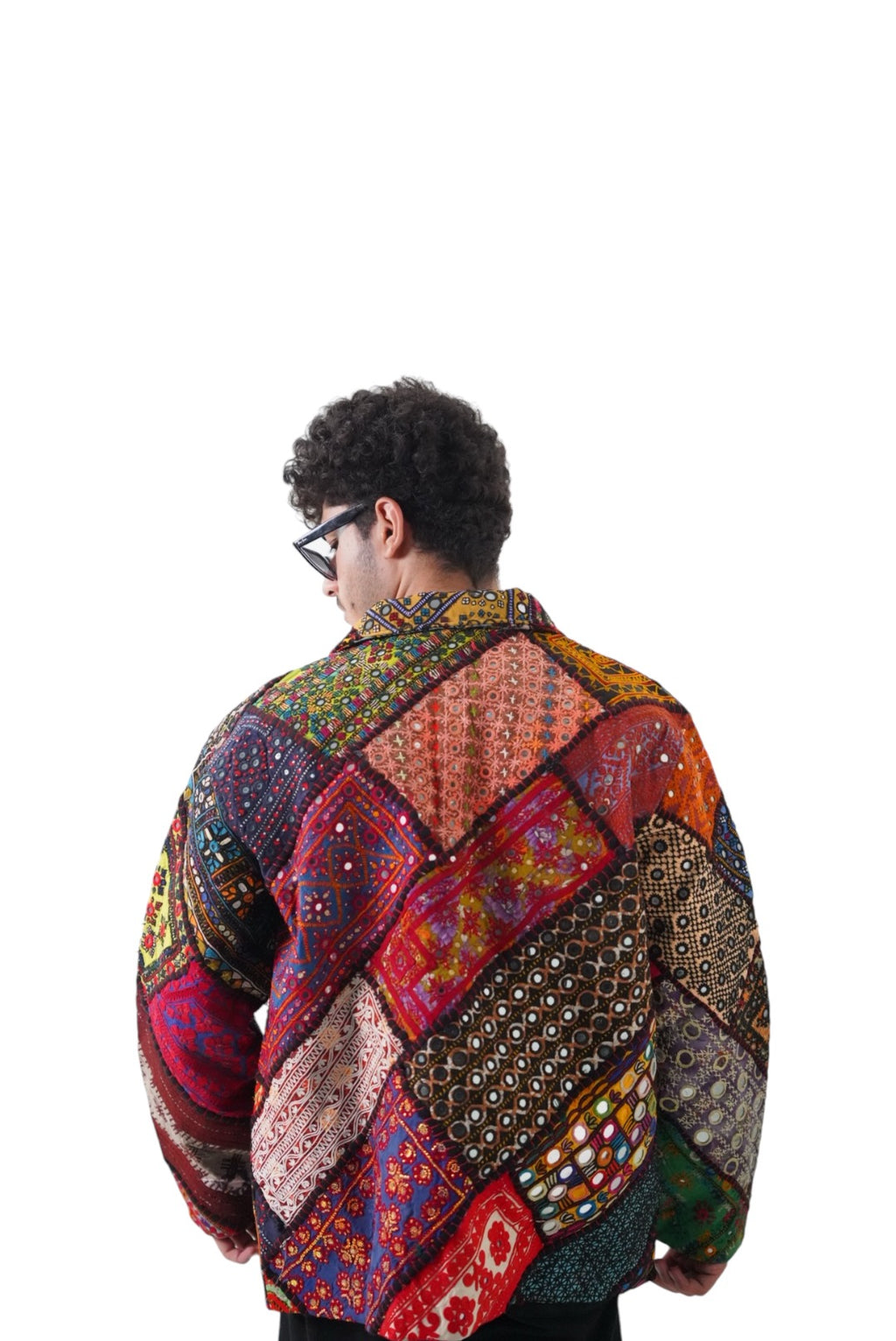 One-of-a-kind artisan patchwork jacket back view
