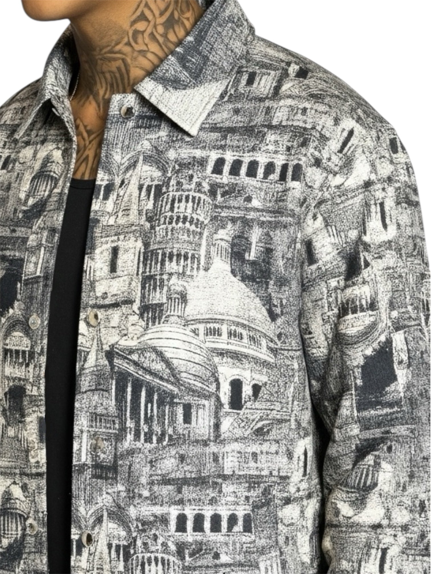 Patterned jacket with architectural design on a white background