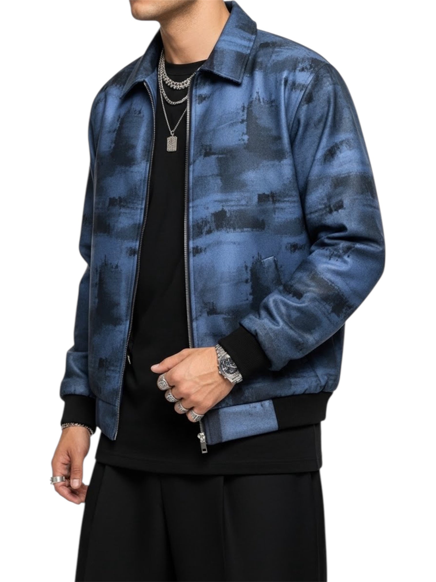 Person wearing a blue patterned jacket on a white background