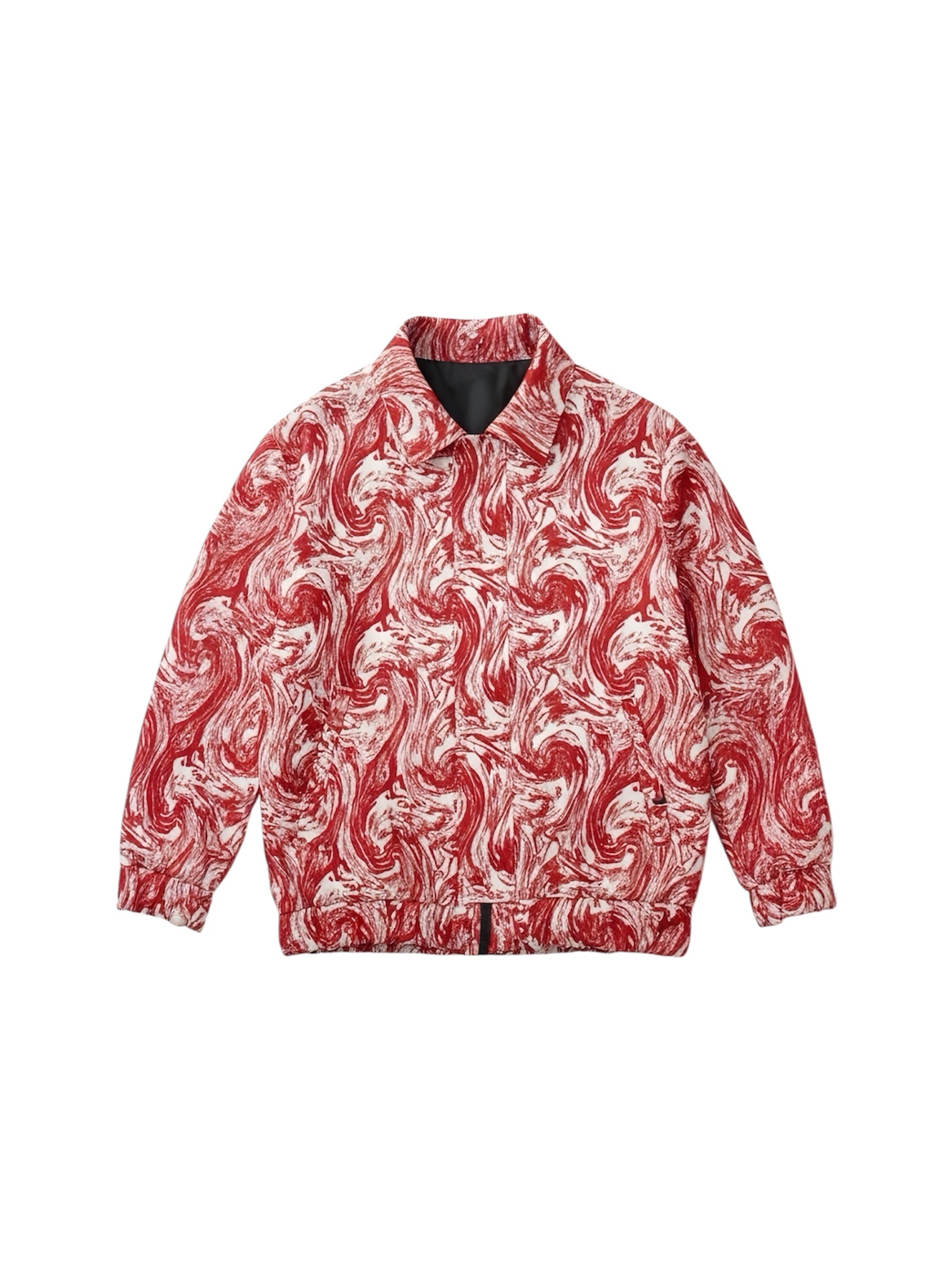 Red and white patterned jacket on a white background