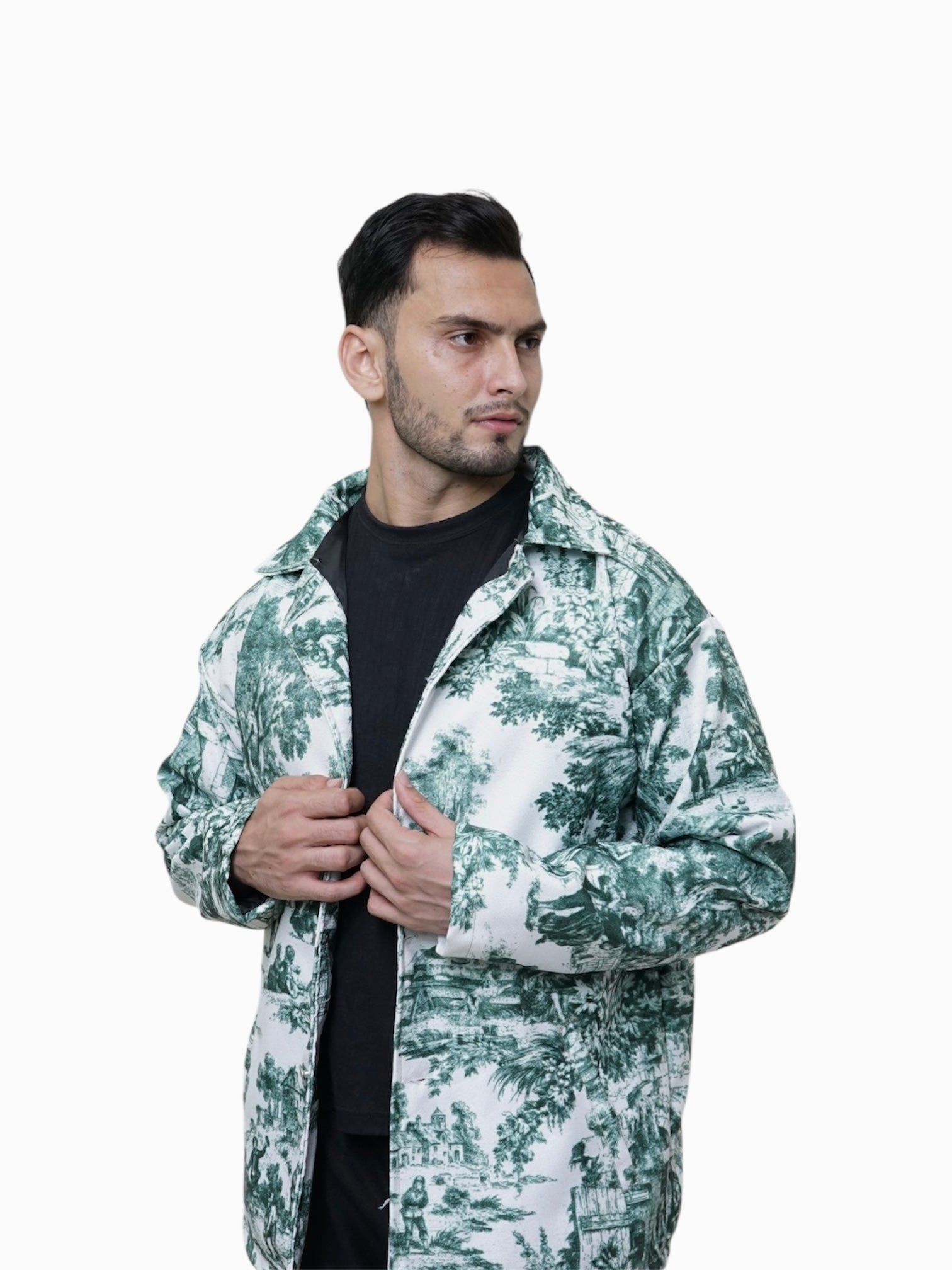 men wearing jacket Green and white village patterned front view